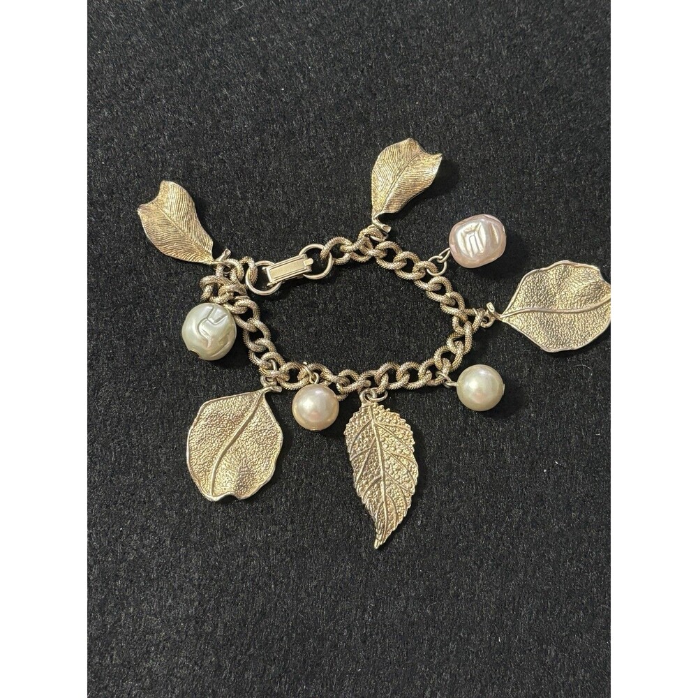 1960s Leaf Faux Baroque Pearl Novelty Gold Toned Metal Charm Bracelet Statement